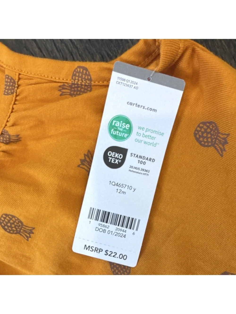 Carter's Baby Girl Orange Pineapple Print Dress Bodysuit 12M
